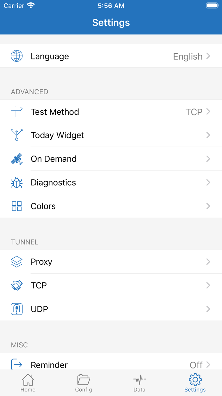 Shadowrocket Settings screen showing Test Method, On Demand, Diagnostics, and settings for Proxy, TCP, and UDP