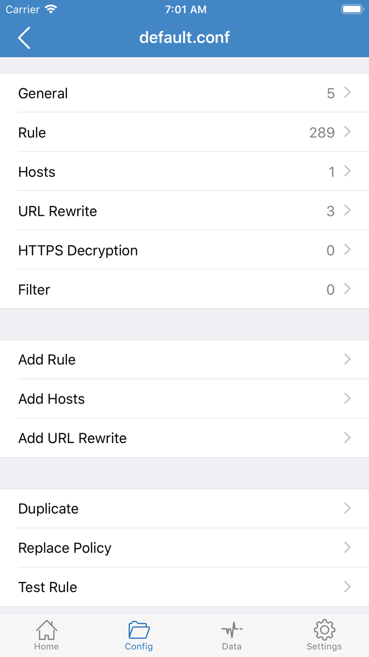 Shadowrocket Config file editor showing General, Rule, Hosts, URL Rewrite, and Add Rule